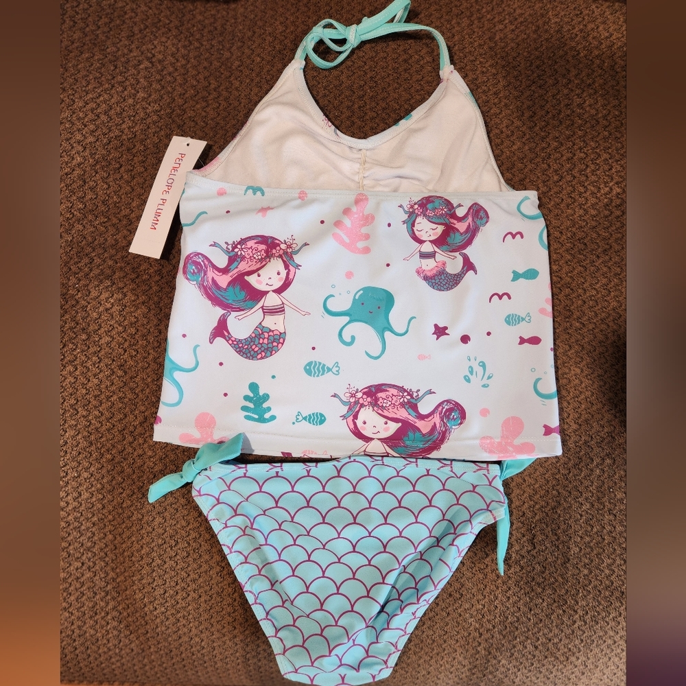 Penelope Plumm Girl's Halter Tankini Frost & Sapphire Mermaids & Fishes NWT - Picture 2 of 4